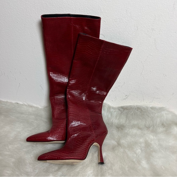 Stuart Weitzman Parton Red Croc Snakeskin Leather Tall Heel Boots - Picture 10 of 14